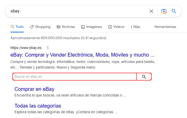 Rich snippet mostrando caja de búsqueda de Ebay en Google.